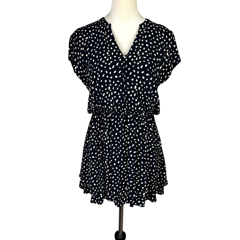 Rails Womens Black Ivory Spots Karla Printed Smocked Waist Mini V-Neck Dress